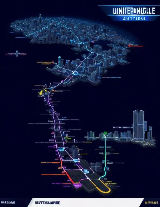 Prompt: Create a Unique Next Generation Videogame map that includes 7 Cities. Advanced Technological display. Unreal Engine 5, No names or words. Similar to Gotham knights Menu Map. Perfect dimensions, accurate infrastructure, 16k resolution. 