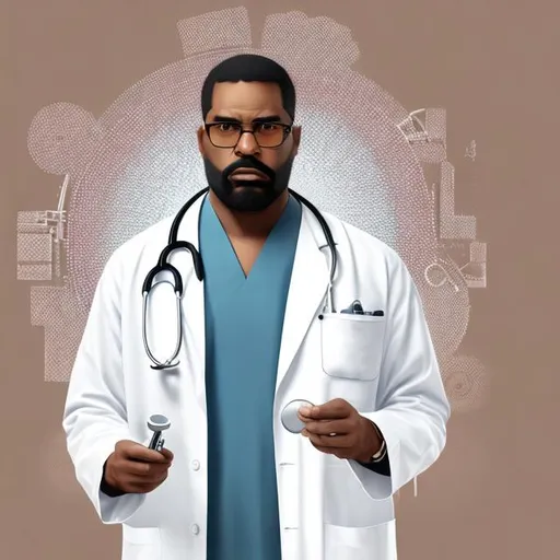 Prompt: Tall african American 35 year old medium size man with short hair, white lab coat with stethoscope around neck, brown eyes, full body illustration , 3D