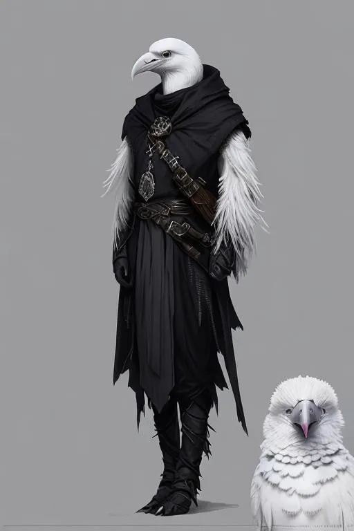 Prompt: albino raven kenku D&D character rogue, wearing black outfit, portrait full length body, fantasy, intricate, elegant, highly detailed, digital painting, artstation, concept art, matte, sharp focus, illustration, art by Kerem Beyit