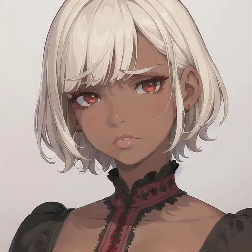 Prompt: (masterpiece, illustration, best quality:1.2), brown skin, frustrated face, detailed eyes, Victorian style, very short trimmed white hair, devilish like white eyes, wearing red nightgown, best quality face, best quality, best quality skin, best quality eyes, best quality lips, ultra-detailed eyes, ultra-detailed hair, ultra-detailed, illustration, colorful, soft glow, 1 girl