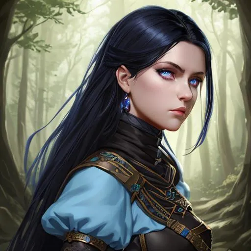 Prompt: headshot, female DND kalashtar, tan, black hair, light blue violet eyes, round features, ranger, high resolution baroque painting, 8k, HDR colors, dramatic lighting, forest scenery