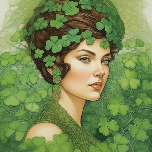Prompt: portrait of a beautiful brown haired woman with green shamrocks,  very short and spiky pixie undercut with shaved sides, intricate, sharp focus, in the style of Ivan Bilibin, Ernst Haeckel, Daniel Merriam, watercolor and ink
