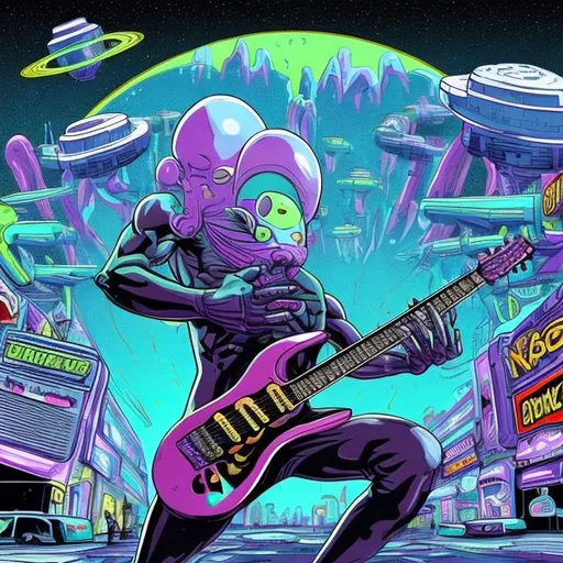 Prompt: Bodybuilding amoeba, playing guitar for tips in a busy alien mall, widescreen, infinity vanishing point, galaxy background