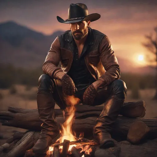 Prompt:  cowboy with a short beard wearing leather pants, leather gloves, leather shirt, bandana, sitting at a campfire at dusk, rugged western style, high quality, realistic, warm lighting, detailed textures, dramatic composition, classic cowboy