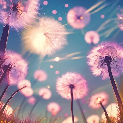 Prompt: Anime style
Dandelions
Pink sky
A girl 
Sea
Sad ambiance
Book cover size