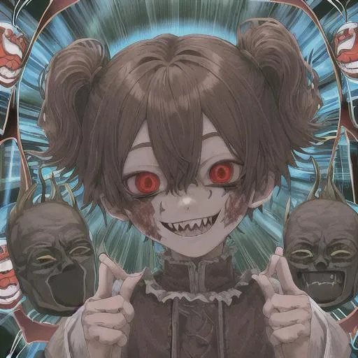 Prompt: insane, cute anime boy, brown hair, smiling, trippy background, demon behind, zoomed out, fangs, aesthetic mask, scars, no horns, hands on face 