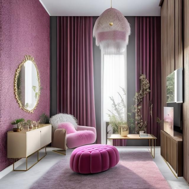 1 cozy armchair pink fluffy in a living room with a black tiled floor two windows with black han