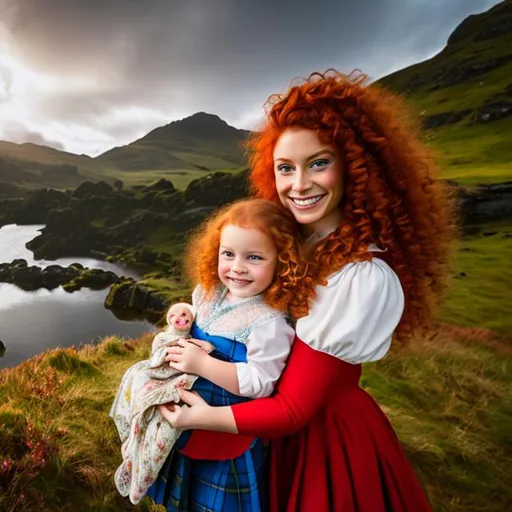 Prompt: Red-haired man with blue eyes,Holding little girl, red curly hair,clothes from 18th century, scotland landscape