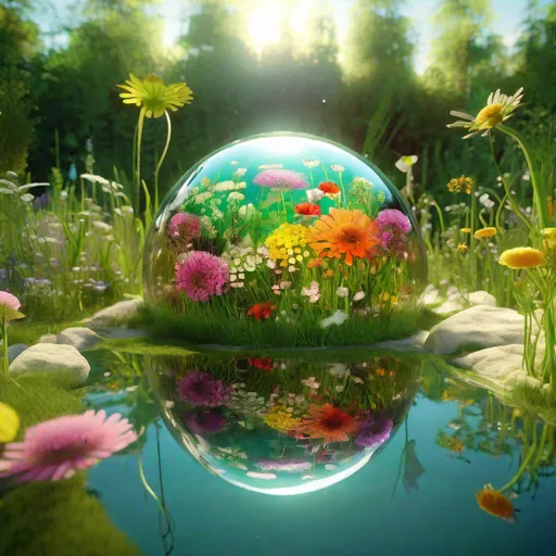 Prompt: "glass sphere containing a fantasy wildflower meadow sunrays reflective pond inspired by Marimekko, Victo Ngai, Gil Elgren, CGSociety :: Photorealistic, Vibrant summer colors, ambient occlusion, a masterpiece, Behance HD, hyperrealistic ::"