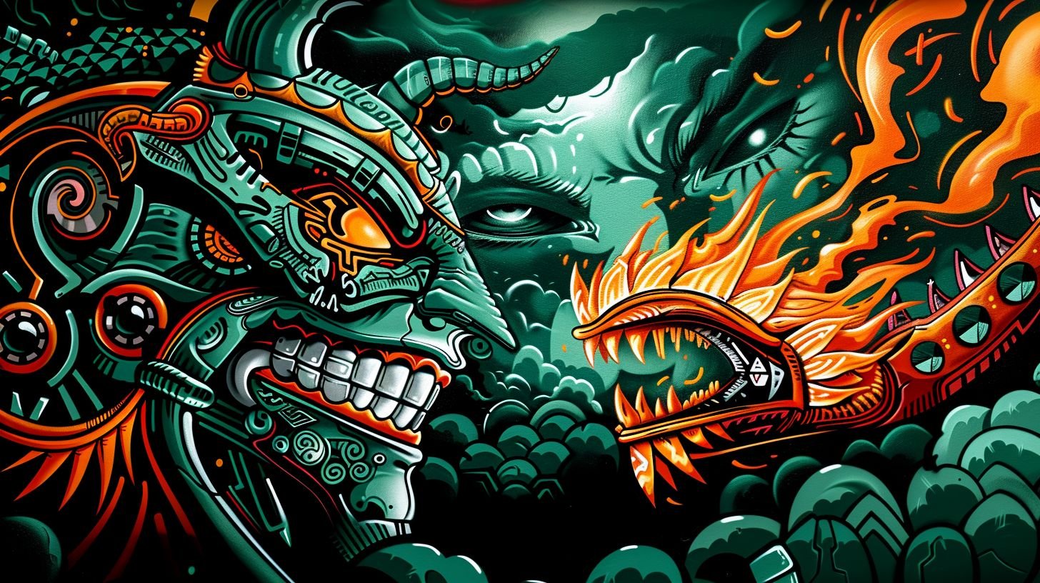 Prompt: Graphic illustration of a flaming monster with ndebele-inspired motifs battling a face in bold graffiti mural style, primarily using green and black colors on a panoramic scale sheet film --ar 16:9 --style raw --sref https://s.mj.run/-ss59ZbisQ0 --stylize 250