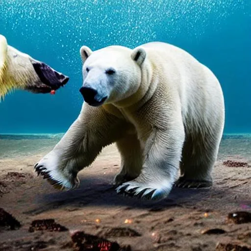 Prompt:  mech  with shotgun arms fighting a polar bear under water 