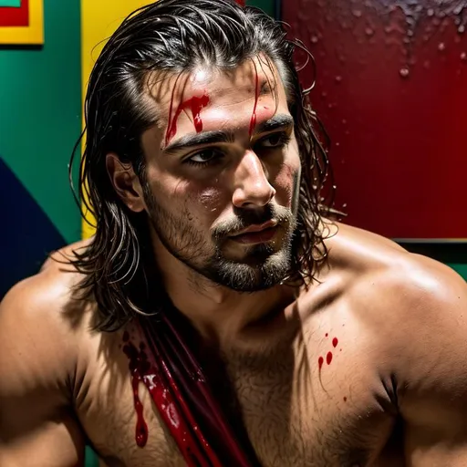 Prompt: Sensual, rustic man, very drenched in blood, sitting on the sofa, in a room decorated with Pop Art paintings in primary colors, close-up bust portrait, cinematic, hyperrealistic, hyperdetailed, ambient light, perfect composition, provocative, textured skin, 16K, best quality, profile shot.