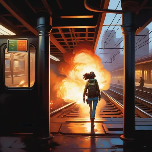 Prompt: Third person shooter, female protagonist, explosions, subway, cartoony, cold atmosphere, extremely detailed painting by Greg Rutkowski and by Henry Justice Ford and by Steve Henderson