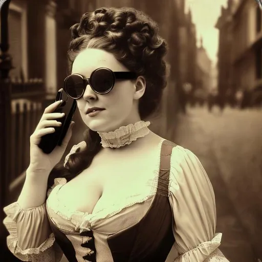 Sepia toned photo Victorian London beautiful busty woman 1870s pinup style wearing sunglasses t