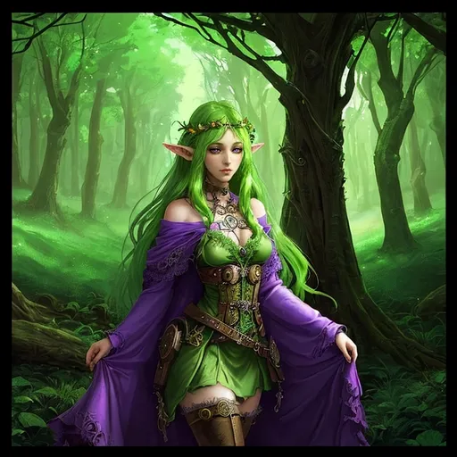 Prompt: Steampunk fantasy illustration. Elven Druid dressed in green and purple nature theme robes