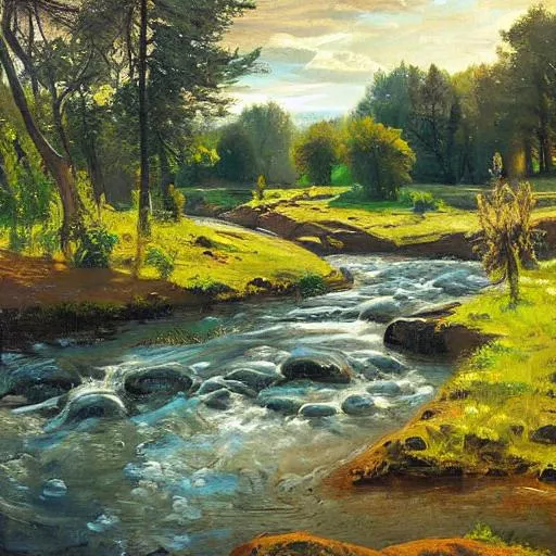 A detailed North Dakota landscape with a stream in t...