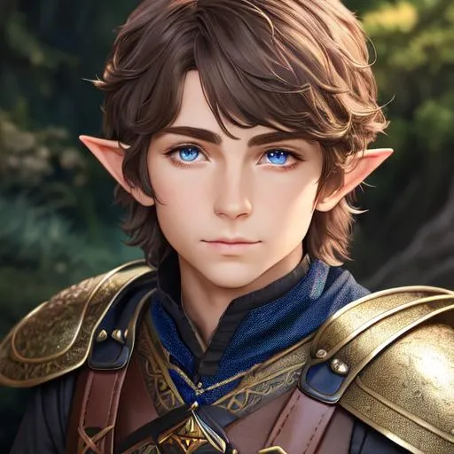 Male halfling with short messy brown hair and blue e...