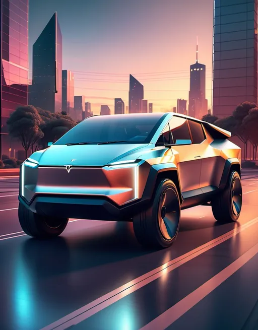 Prompt: Tesla Cybertruck (concept vehicle), functional gasoline engine, futuristic design, sleek metallic finish, dynamic angles, bold geometry, reflective surfaces, capturing light, urban landscape background, cool color tones with contrasting warm highlights, thrilling and innovative ambiance, ultra-detailed, 4K, modern industrial aesthetics, striking visual narrative.