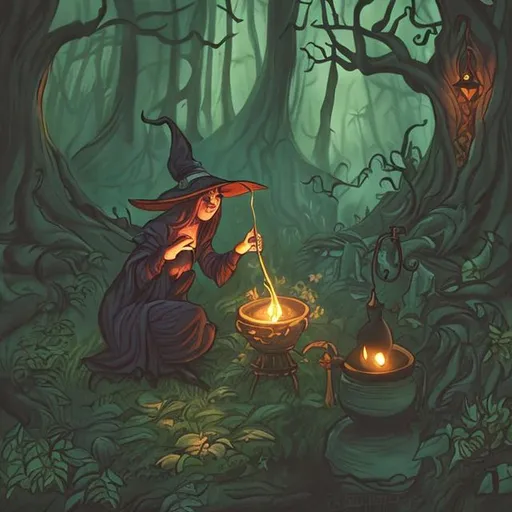 Prompt: A witch brewing a potion in the forest.
