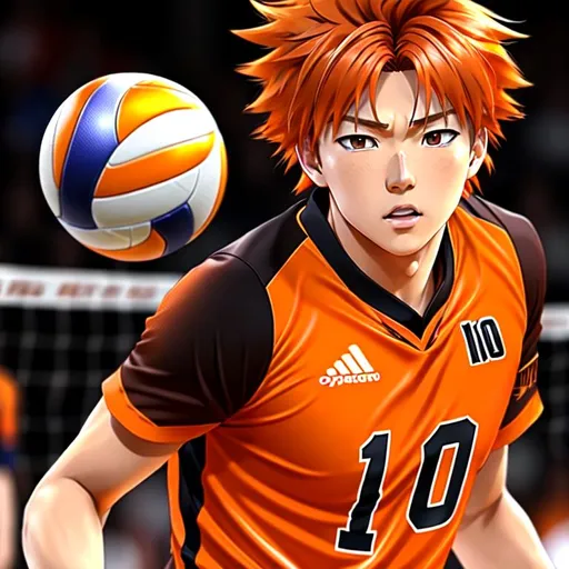 Prompt: Shoyo Hinata

orange hair, quite messy hair,  large brown eyes, very excited look on his face,


(((Number 10,))) on his
volleyball uniform, 


(((full body view)))
Hyper realistic, man  " super realistic, 8K, 