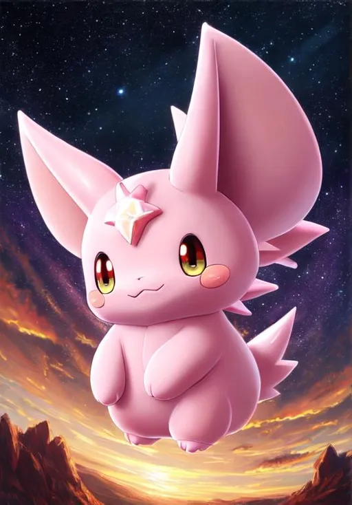 Prompt: UHD, , 8k,  oil painting, Anime,  Very detailed, zoomed out view of character, HD, High Quality, Anime, , Pokemon, Clefable is a tall, pink Pokémon with a vaguely star-shaped body. It has long, pointed ears with dark brown tips and black, oval eyes with wrinkles on either side. A curled lock of fur hangs over its forehead, much like its long, tightly curled tail. On its back is a pair of dark pink wings; each wing has three points. Its hands have three fingers each, and its feet have two clawed toes and dark pink soles.

Clefable is a timid, nocturnal creature that flees when it senses people approaching and is one of the world's rarest Pokémon. Its sensitive ears can distinctly hear a pin drop from half a mile away. Because of its acute hearing, it prefers to live in quiet, mountainous areas of which it is protective. It has also been seen at deserted lakes during a full moon. Using a bouncy gait, it is able to walk on water and sometimes appears to be flying using its small wings. The anime has shown that Clefable is actually an extraterrestrial Pokémon. According to one tradition, seeing a pair of Clefable ensure a happy marriage. Some scientists believe that Clefable stares intently at the moon because it is homesick. There is a legend to this as well, which tells of how it listens for the voices of its kin on the moon during clear and quiet nights.
Pokémon by Frank Frazetta