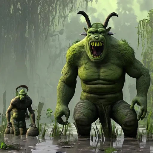 Prompt: Tall green ogre in a swamp filled with mud and a donkey standing on four legs
