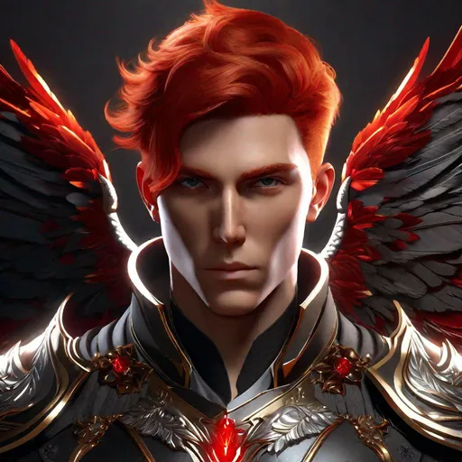 Prompt: ""handsome male seraph with red hair", six wings, holy, divine, angel, light, armor, head and shoulders portrait, finely drawn eyes, 8k resolution concept art portrait dynamic lighting hyperdetailed intricately detailed Splash art trending on Artstation Unreal Engine 5 volumetric lighting"