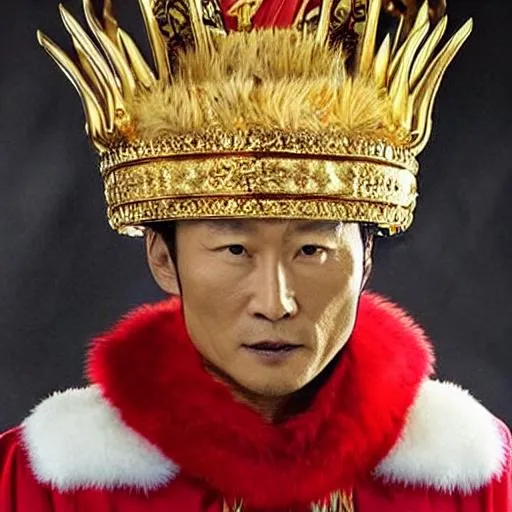 Prompt: daniel dae kim, emperor, king, pharoah, sultan, gold wreath crown, white gown, red fur cape, gold jewelry