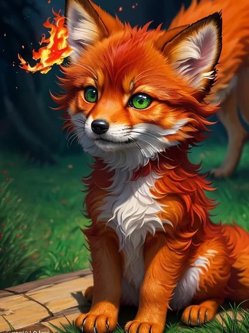 Prompt: remove tail, masterpiece, professional oil painting, epic digital art, 64k, best quality, tiny scarlet ((fox kit)), (canine quadruped), fire elemental, silky golden-red fur, highly detailed fur, timid, ((insanely detailed alert emerald green eyes, sharp focus eyes)), sharp details, gorgeous 8k eyes, insanely beautiful, extremely beautiful, fluffy glistening gold neck ruff, energetic, two tails, (plump), fluffy chest, enchanted, magical, finely detailed fur, hyper detailed fur, (soft silky insanely detailed fur), presenting magical jewel, beaming sunlight, lying in flowery meadow, professional, symmetric, golden ratio, unreal engine, depth, volumetric lighting, rich oil medium, (brilliant dawn), full body focus, beautifully detailed background, cinematic, 64K, UHD, intricate detail, high quality, high detail, masterpiece, intricate facial detail, high quality, detailed face, intricate quality, intricate eye detail, highly detailed, high resolution scan, intricate detailed, highly detailed face, very detailed, high resolution