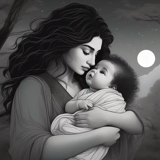 Prompt: highest quality anime art masterpiece, digital drawing, Azerbaijani woman with long black thick wavy messy hair:vistani, carrying a balding newborn baby boy in her arms, round face, broad cheeks, sad in a forest on a dark foggy night, big brown eyes, tanned skin:2, waxing moon, huge long wide broad hooked greek aquiline algerian oriental arabic nose, flat chest, ethereal, jewelry set, highres, realistic, highly detailed, fantasy, gypsy, roma, D&D, Ravenloft, by Ilya Kuvshinov