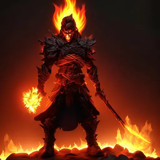 Prompt: Surrounded by darkness and bright flames,He'll,No character