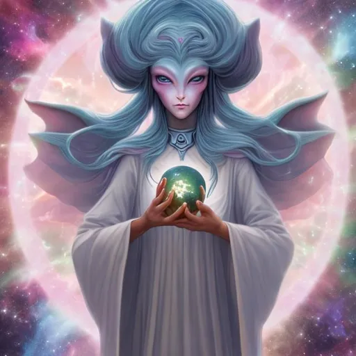 Prompt: feminine alien guardian of earth etherial soft benevolent holding an orb