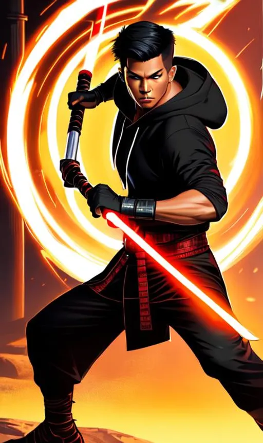 Prompt: UHD, digital art style, comic art style, zoomed out full body view, male sharp jawline, curled lips, fierce eyes, indonesian arnis jedi master, hoodie , steel metallic legs, escrima dual-wielding lightsabers, by greg rutkowski and alphonse mucha, sharp focus, Photorealistic, sharp focus, highres, noir stylings