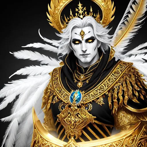 Prompt: Fantasy style, a hyper realistic detailed image of undead king, black lips, covered in nightly glow, white and gold feathers, looking straight ahead, body facing camera, camera top third of image, perfect composition, super detailed, sharp focus HDR, UDR, 120k, square jaw, black and gold coloured thick wide dress, Gold shoulder plates, long straight windblown shiny white hair, radient gold eyes, in a dark stary night-time fantasy background, black sand covered jewellery, sun orb 