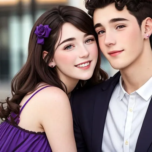 Prompt: Young couple in love-Woman wearing a purple dress,  with a young man with dark hair, facial closeup