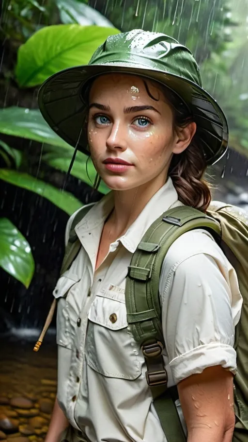 Prompt: ((Rain-soaked:2.0)) Athletic young woman with thick brunette hair, intricate face, and green eyes, wearing a white shirt, hiker's vest, khaki cargo shorts, white socks, and brown trail boots, topped with a khaki canvas pith helmet, olive green backpack, standing next to a jungle stream with filtered sunlight, tropical, and exotic, high-res, pro-photo, detailed face, ((glistening water on skin)), lush greenery, tropical atmosphere, professional lighting, ((rain soaked clothing)), steamy & rainy jungle scene