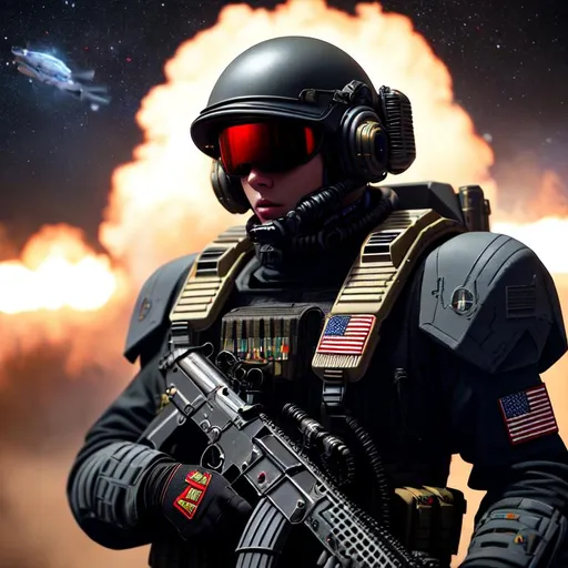 Prompt: United States Colonial Marine Corps, hyper-realistic, middle of SPACE, cyberpunk lights, Hyper Detail, Octane, Unreal