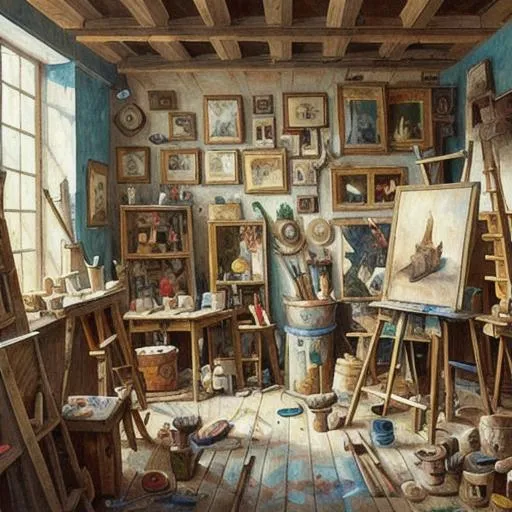 Prompt: A painting of a painter's workshop with paints and brushes laying all around