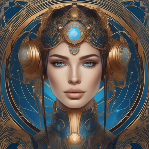 Prompt: Art Nouveau. portrait of a beautiful female cyborg, with gentle, empathetic eyes. realistic proportions, correct proportions. astrology, celestial symbolism, detailed blue, black, gold, copper, jade tinted