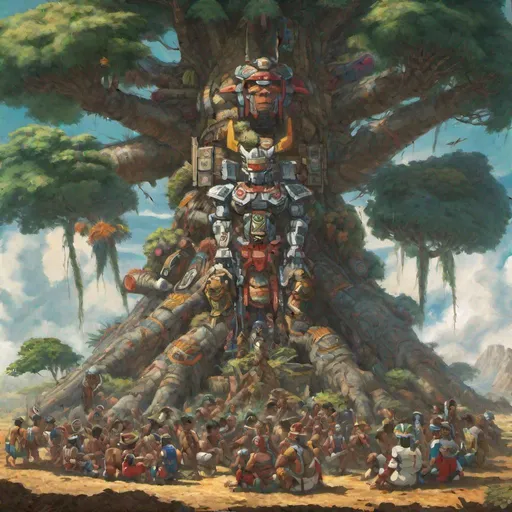 Prompt: A painting of native south American tribe sitting around a ancient gundam growing into a colossal tree
