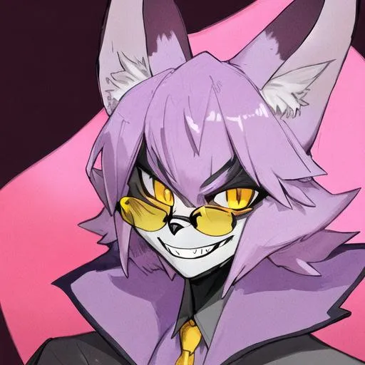 Prompt: Simple portrait of an anthropomorphic male lavender colored caracal cat with yellow eyes and rounded glasses giving an evil grin, 4K resolution