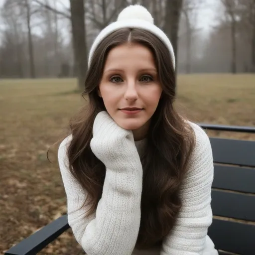 Prompt: young 19-year old girl sitting at a picnic bench, snowy park setting, full body view, wavy brown hair, hazel eyes, round face, intricate detail, happy expression, white woolen jumper, black leggins, ugg boots, white woolen beanie