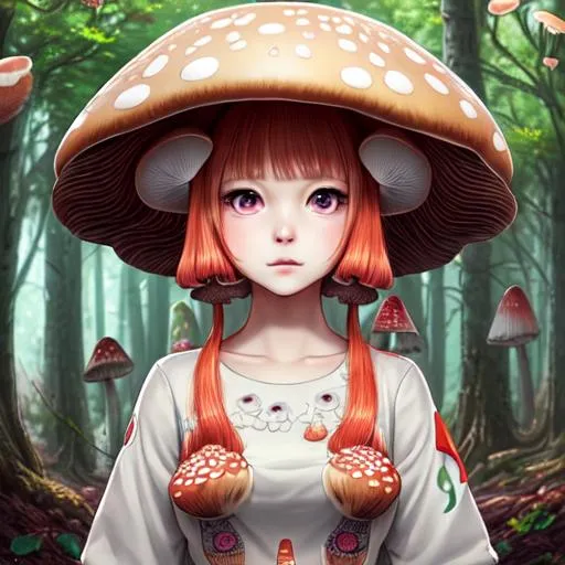 Prompt: Detailed portrait of cute mushroom, mushroom dress, unique design, by Yun Taek Oh, fine details, anime, very cute face, beautiful colorful eyes, forest background, perfect, 8k high detail, intricate, sharp focus, masterpiece, trending on artstation