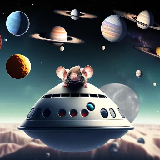 Prompt: mouse rodent in starry space with moon planets ufo ship