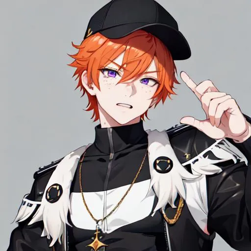 Prompt: Erikku male (short ginger hair, freckles, right eye blue left eye purple) muscular, UHD, 8K, Highly detailed, insane detail, best quality, high quality. hands in the air, wearing a sideways baseball cap, black jacket, black shorts