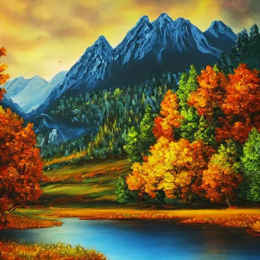 Mountains Reflections Sunset Painting, Lake Canvas Paintings, Tree Branches  Autumn Leaves, Mountain Landscape Blue Background 27.6 by 27.6 