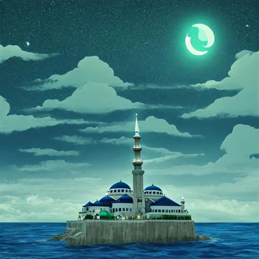 Prompt: Ocean surface as ground, a simple mosque on clouds in the sky, night sky with half moon in background, with blue-green color theme