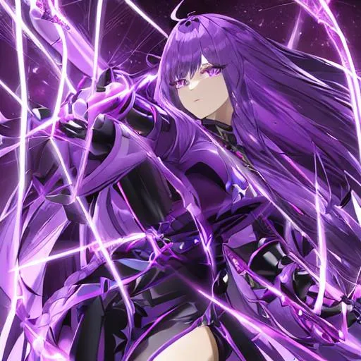 Prompt: Beautiful female alien hybrid, detailed eyes, has a sword emanating lightning, a young anime woman with long purple luxurious hair with a fringe haircut, purple eyes, disoriented due to memory loss, wearing a neon purple t-shirt inside of a black coat with chains, not too revealing, wears black leather gloves, an amethyst hairclip in her hair, fantasy, clear sparkling lavender glowing eyes, purple eyes, intricately detailed face, intricate, highly-detailed, ultrarealistic face, large landscape, mechanics, dramatic lighting, gorgeous face, lifelike, stunning, digital painting, large, artstation, illustration, concept art, smooth, sharp focus, highly detailed painting, looking and smiling at viewer, full body, photography, detailed skin, realistic, photo-realistic, 8k, highly detailed, full length frame, High detail