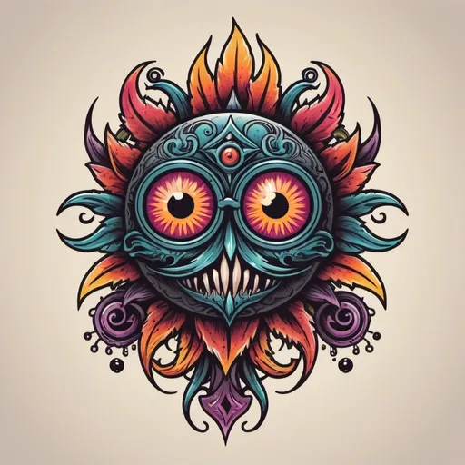 Prompt: colorful and illustrative tattoo logo, beholder