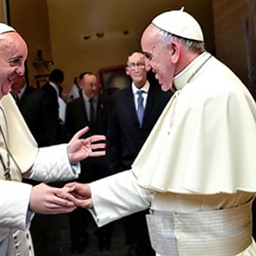 Prompt: Pope Francis shaking another pope Francis hand